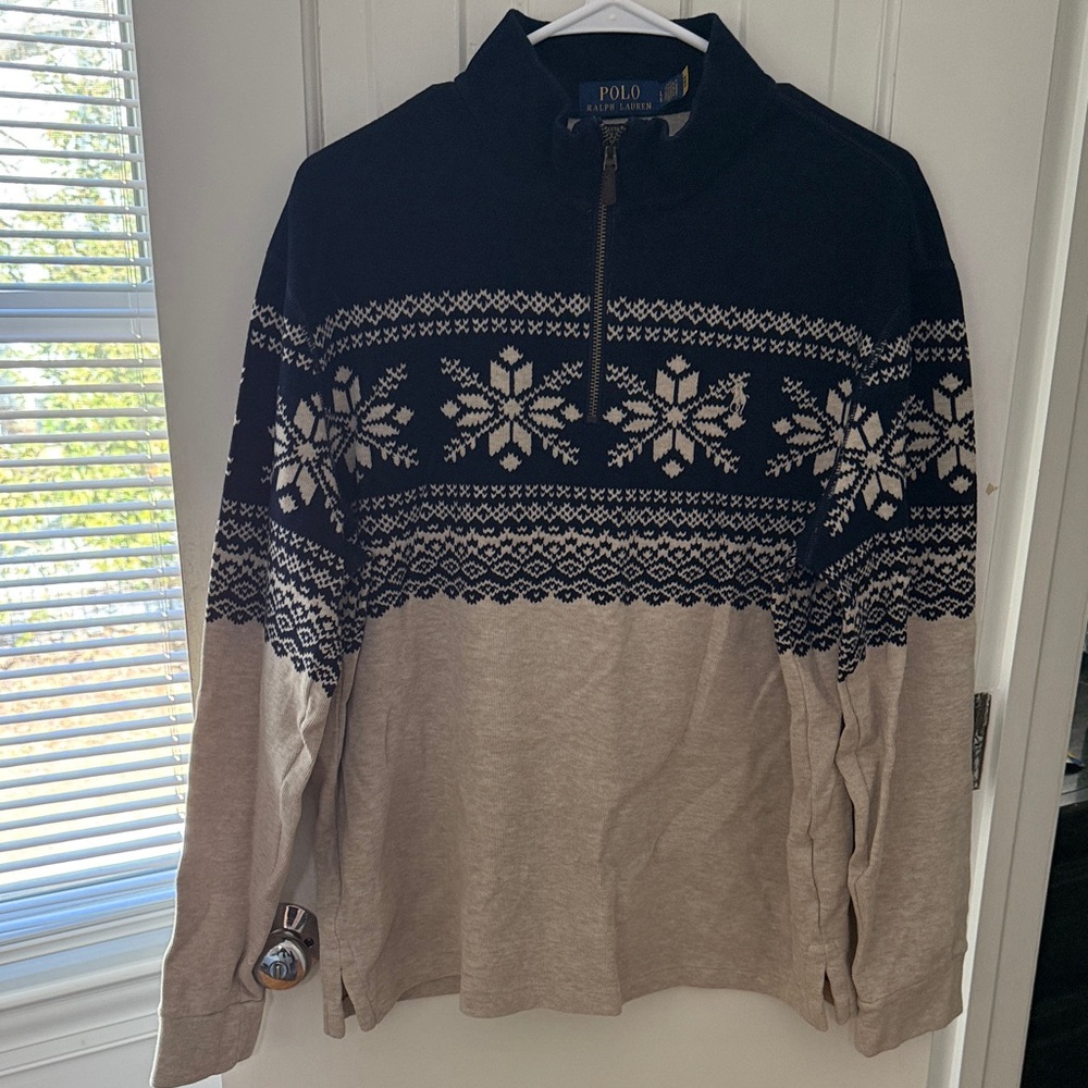 Ralph Lauren Men's Navy and Tan 1/4 Zip-Up Snowflake Sweater